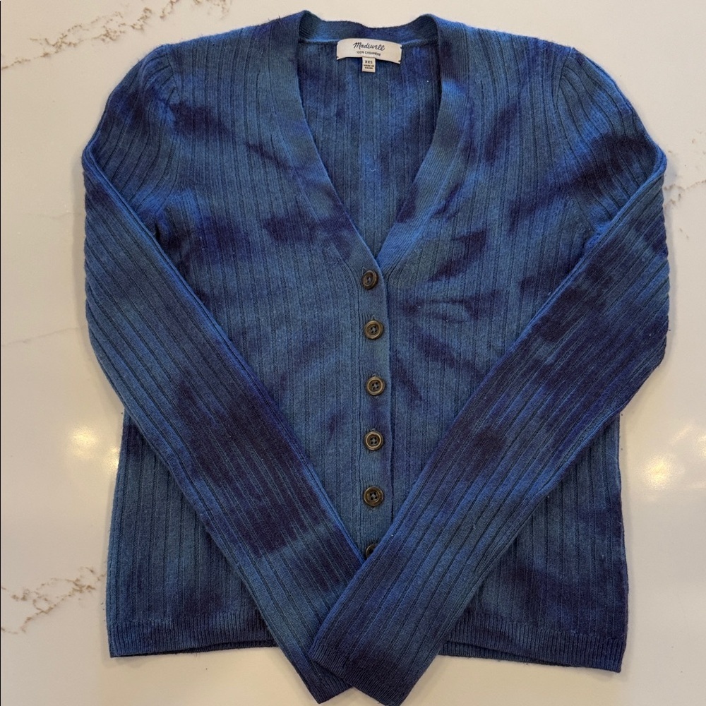 100% Cashmere Madewell Navy and Blue Tie Dyed Ribbed Cardigan